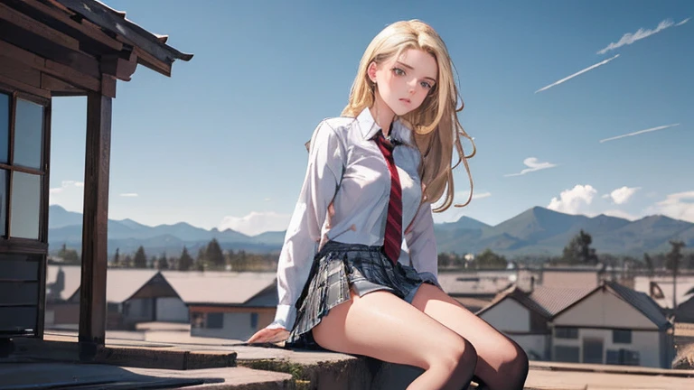 (work of art:1.2, maximum quality), (realisitic, photorealisitic:1.4), beautiful illustration, (natural side lighting, film lighting), ,
(gazing at viewer), 1 girl, Japanese, high school girl, face perfect, beautiful face e simétrico, shining skin, ,
(long hair:1.2, half hairstyle:1.4, hair blonde), rhombus stripe, gold eyes, droopy eyes, long eye whip, (breasts big:0.6), ((naked legs)),
cute hair, beautiful face, beautiful detailed eyes, beautiful collarbone, Body cute, nice chest, beautiful thighs, Nice legs,
((white collar shirts, grey pleated skirt, blackstockings, red plaid tie), panties pink),
(beautiful scenery), day time, school roof, (facing the front), (Impatient expression, blush cheeks, embarrassed expression), (((skirt puller, Windlift))),