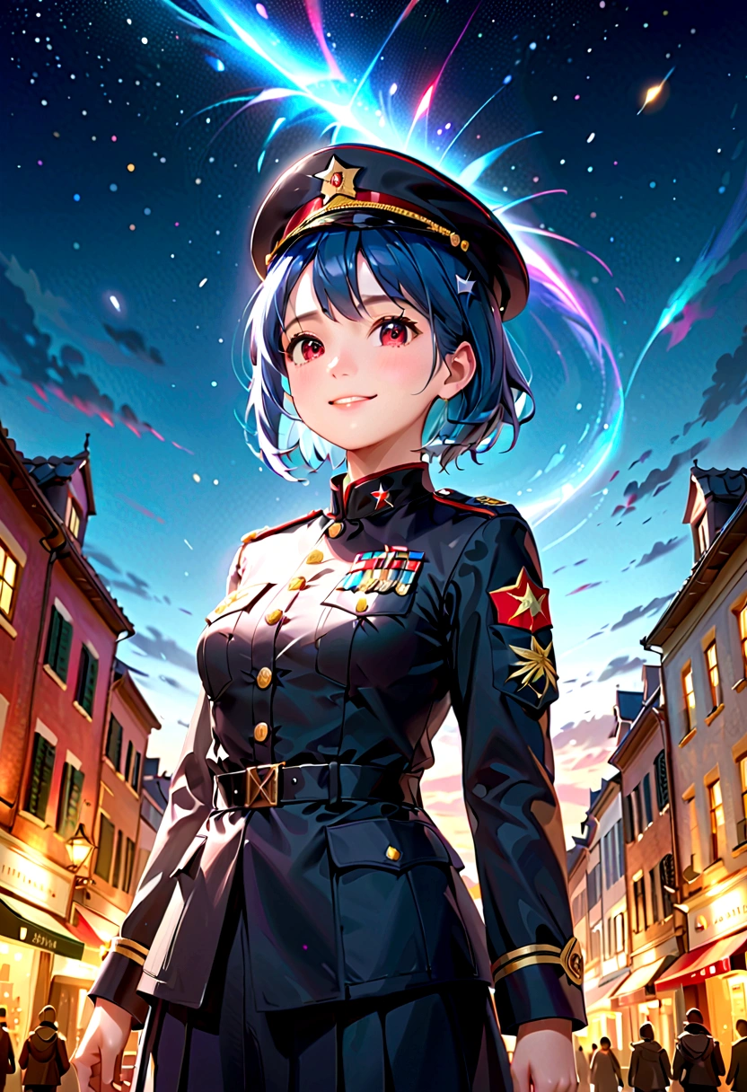 a girl in army-colored military uniform, looking up at the night sky, wearing a hat that matches her outfit, with blue hair and red eyes, smiling, full body, fish-eye lens, many shooting stars, with floating light particles, elemental ambience, low angle, best quality, 4k, 8k, highres, masterpiece:1.2, ultra-detailed, realistic, photorealistic, photo-realistic:1.37, HDR, UHD, studio lighting, ultra-fine painting, sharp focus, physically-based rendering, extreme detail description, professional, vivid colors, bokeh, portrait, concept art