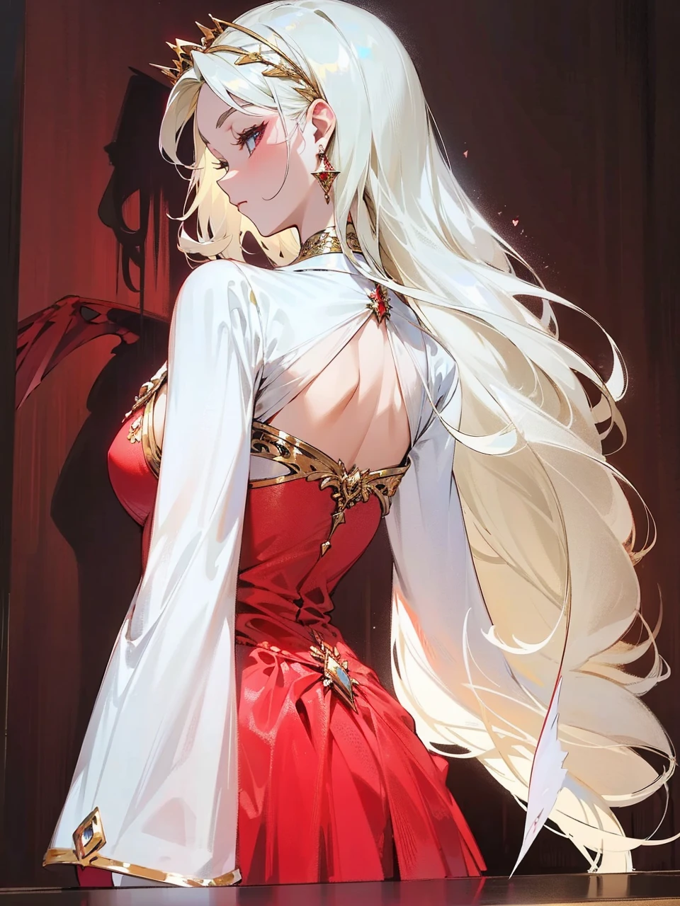 Add in roses to her dress, a good back dress design with some golden jewelry, make her dress into a red and white gown with a hat, give her some unique Jewelry, and make her look somewhat of a demonic angel like appearance to her