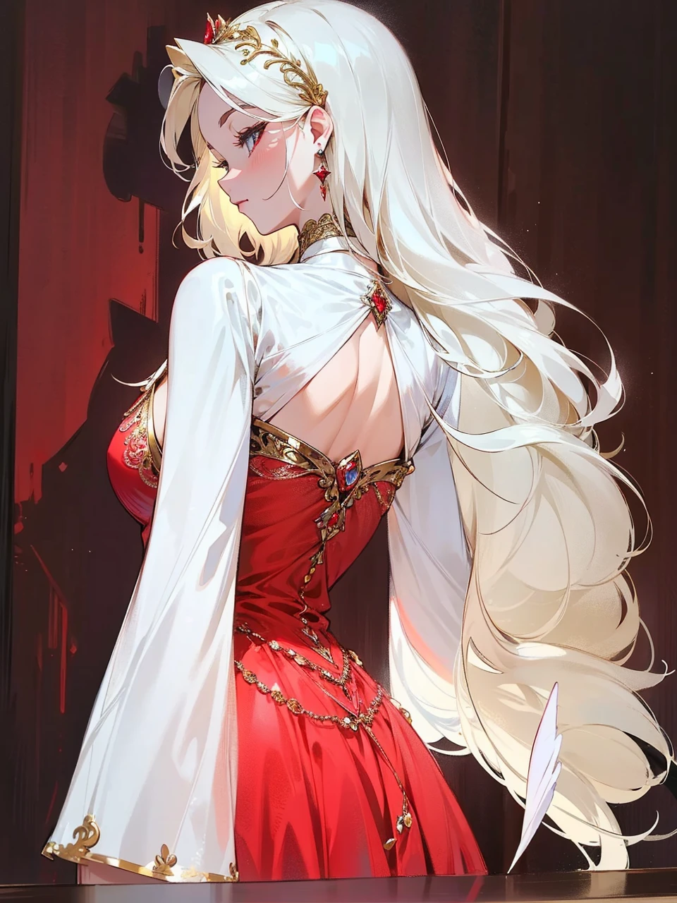 Add in roses to her dress, a good back dress design with some golden jewelry, make her dress into a red and white gown with a hat, give her some unique Jewelry, and make her look somewhat of a demonic angel like appearance to her
