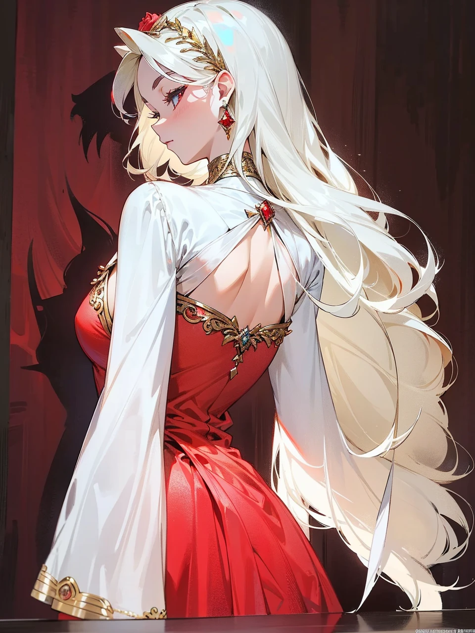Add in roses to her dress, a good back dress design with some golden jewelry, make her dress into a red and white gown with a hat, give her some unique Jewelry, and make her look somewhat of a demonic angel like appearance to her