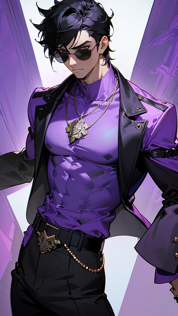 A tall, white muscular man with short, black hair and purple shade sunglasses stands confidently. He is wearing a stylish, dark jacket with intricate purple patterns over a light blue shirt. He has a serious expression and a necklace with a pendant, high detailed, 8K, masterpiece.