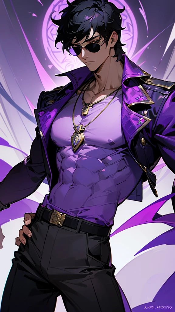 A tall, white muscular man with short, black hair and purple shade sunglasses stands confidently. He is wearing a stylish, dark jacket with intricate purple patterns over a light blue shirt. He has a serious expression and a necklace with a pendant, high detailed, 8K, masterpiece.