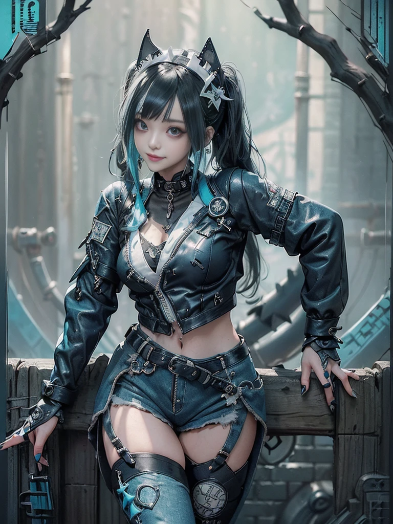 (Full body view:1.4)、(Full Body View:1.4)、(Side view:1.1)、(Smiling with teeth showing:1.3),(Shibuya Gal:1.5)、(Maid café clerk:1.5)、(Punk RockVisual Kei:1.4)、(Turquoise, navy and denim medieval noble zip up:1.5)、(Navy and white arm covers and bugle pants:1.5)、(Blue high heels:1.3)、(Wearing silver accessories:1.5)、(Dark brown collar:1.4)、(Leather garter belt:1.4)、(Brown Skin Belt:1.3)、(Black lace underwear:1.5)、20-year-old、NSFW、((Highest quality、In 8K、masterpiece:1.3))、Sharp focus:1.2、(Layered Cut、Huge boobs:1.1),Beautiful woman with perfect figure:1.4、(Doing an aerobics pose:1.3)、Slender Abs:1.2、Highly detailed face and skin texture、Detailed eyes、double eyelid,(Twin tails:1.3)、(Black Hair:1.3)、Gravure idol、(A fairytale-like cafe with a lush tree background:1.3)、(Slim body:1.3),(Make your legs thinner:1.4),(Thin, thin thighs:1.3)、(clavicle:1.1)