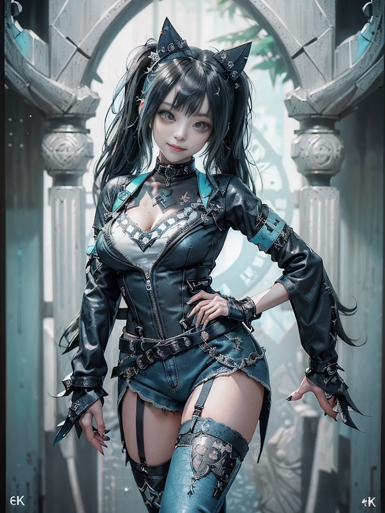 (Full body view:1.4)、(Full Body View:1.4)、(Side view:1.1)、(Smiling with teeth showing:1.3),(Shibuya Gal:1.5)、(Maid café clerk:1.5)、(Punk RockVisual Kei:1.4)、(Turquoise, navy and denim medieval noble zip up:1.5)、(Navy and white arm covers and bugle pants:1.5)、(Blue high heels:1.3)、(Wearing silver accessories:1.5)、(Dark brown collar:1.4)、(Leather garter belt:1.4)、(Brown Skin Belt:1.3)、(Black lace underwear:1.5)、20-year-old、NSFW、((Highest quality、In 8K、masterpiece:1.3))、Sharp focus:1.2、(Layered Cut、Huge boobs:1.1),Beautiful woman with perfect figure:1.4、(Doing an aerobics pose:1.3)、Slender Abs:1.2、Highly detailed face and skin texture、Detailed eyes、double eyelid,(Twin tails:1.3)、(Black Hair:1.3)、Gravure idol、(A fairytale-like cafe with a lush tree background:1.3)、(Slim body:1.3),(Make your legs thinner:1.4),(Thin, thin thighs:1.3)、(clavicle:1.1)