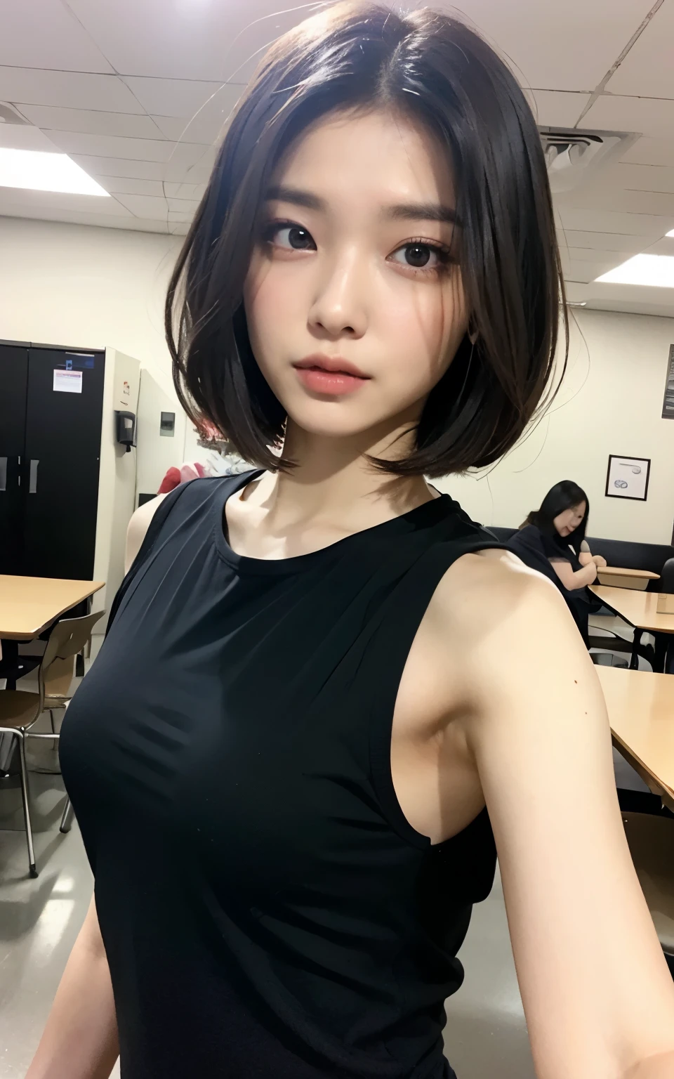 Highly detailed CG Unity 8k wallpaper, Top quality, Very detailed, masterpiece, Practical, photo Practical, Very detailed的可爱女孩, 25 years old, blush,, Round eyes, Medium breasts, Viewers, Half-length photo  , Cafeteria , Casual wear , Bob Cut