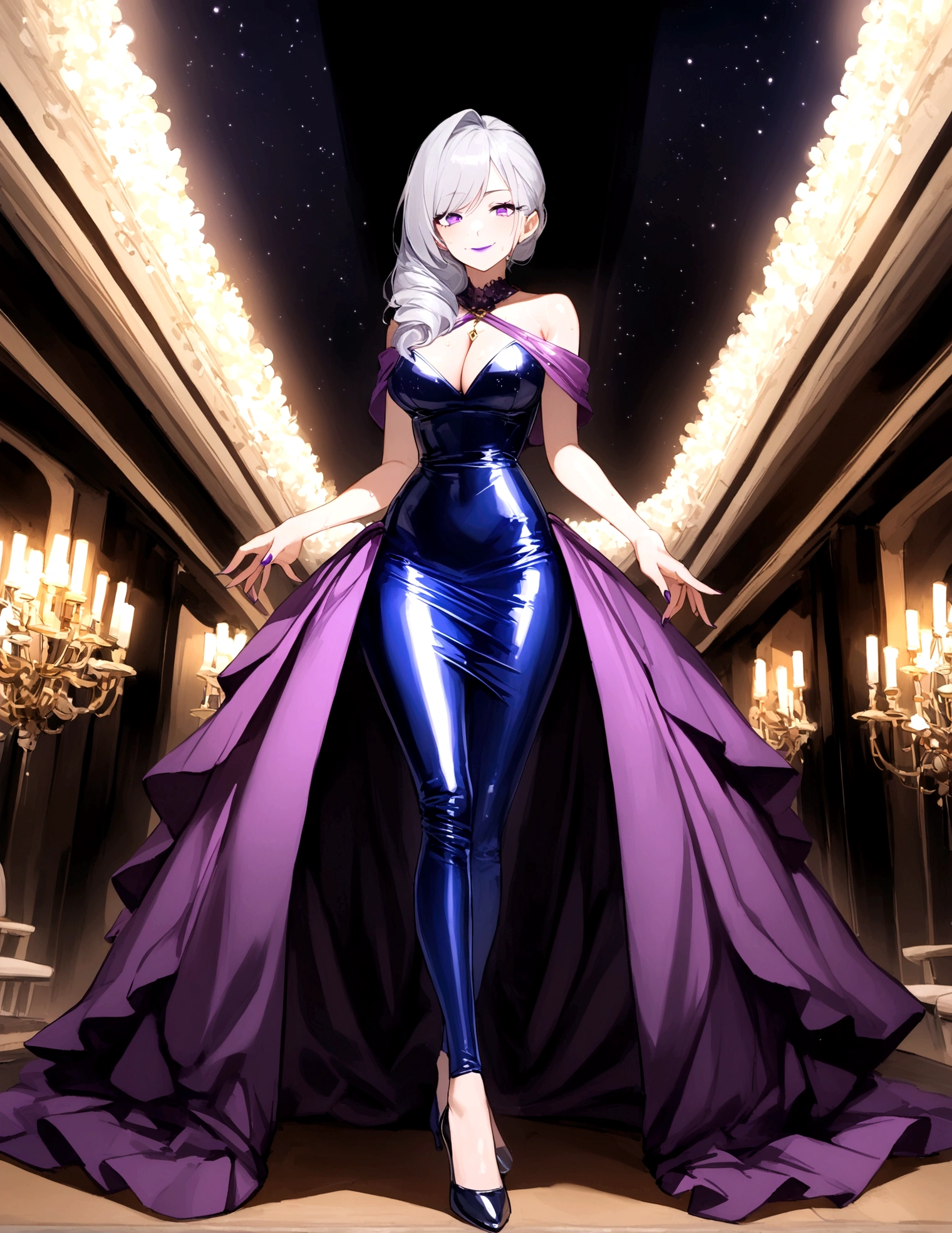 1 female,(Detailed Description,Incredibly absurd,High resolution,8k wallpaper,masterpiece,Highest quality,Depth of region,Anatomically accurate depiction,Perfect body,Two lovely hands, Five perfect fingers),(Glowing Skin,Shiny skin,Oilskin),(Shiny sequined off-the-shoulder velvet dress,Tight Skirt, High heels,stockings,accessories),eyelash,(Purple Eyes,There is cleavage in the chest,Bewitching Smile,Glossy lipstick,Sidelong glance,eye shadow,Silver Hair),Sweat,(whole body),Party Venue