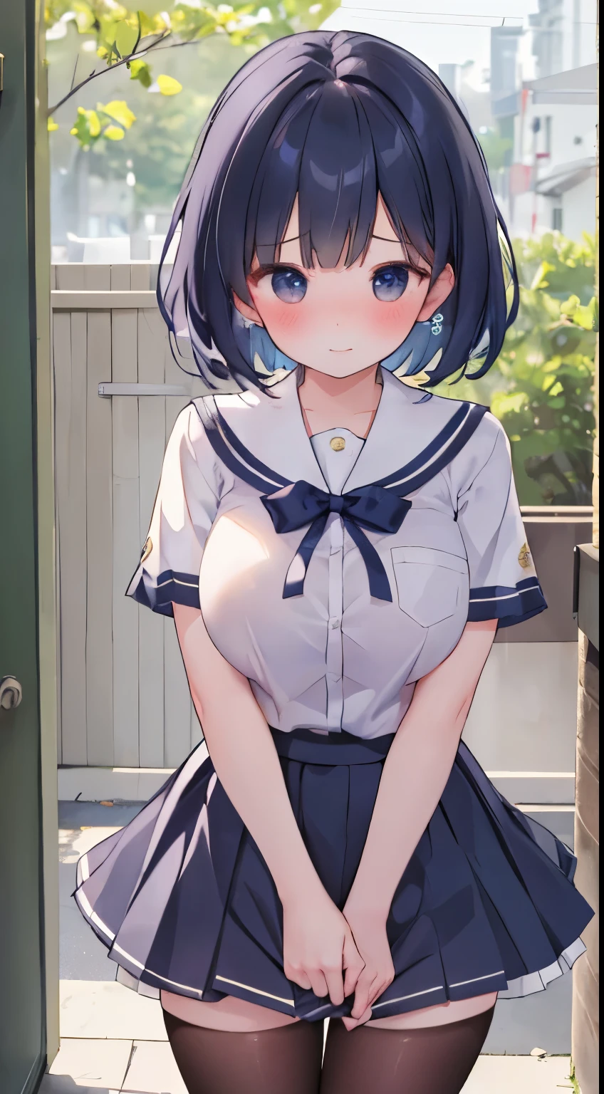 ((top-quality、8K、masterpiece:1.3))、1 girl、Slender Abs、sofas、hyperdetailed face、A detailed eye、double eyelid、very Bigger 、large full breastsal 、Neat and clean 、short-hair、Straight bob hair、Shorthair with bangs、A smile、 uniform、Panties are virom the skirt、An 18-year-old woman、Sheer white shirt、Navy blue ribbon at the collar、Dark blue pleated micro mini、sexly、Peek at the vie、Beautiful graphics、Bright school building with strong sunlight、Show me your whole body、is standing、Plump panties、Detailed female shapes、Black pantyhose、(Facing the front)(((ing cheeks、embarassed expression)),(((The skirt is rolled up by the wind)))、Showing white panties、depth of fields、Bokeh in theound、