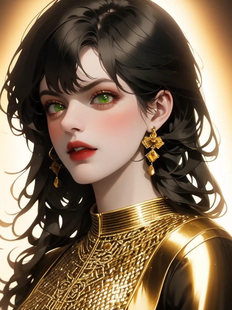 a young woman with long black hair, green eyes, round glasses, black hat with golden detail, gold hoop earrings, detailed facial features, elegant, portrait, cinematic lighting, dramatic colors, highly detailed, 4k, photorealistic, digital painting