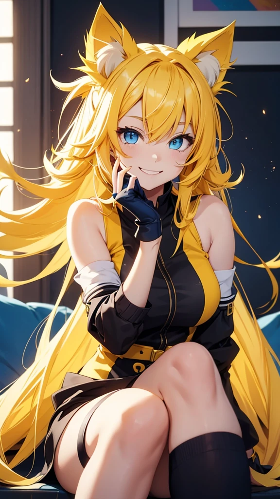 Anime cat girl with yellow ears, yellow hair, blue eyes, smiling casually.