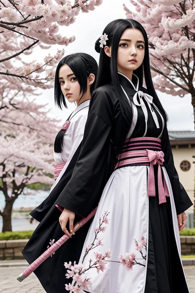 Kimetsu no Yaiba anime style black haired girl with white locks in front, silver eyes wearing the uniform of the demon hunter company and a white Haori with pink cherry blossoms. 