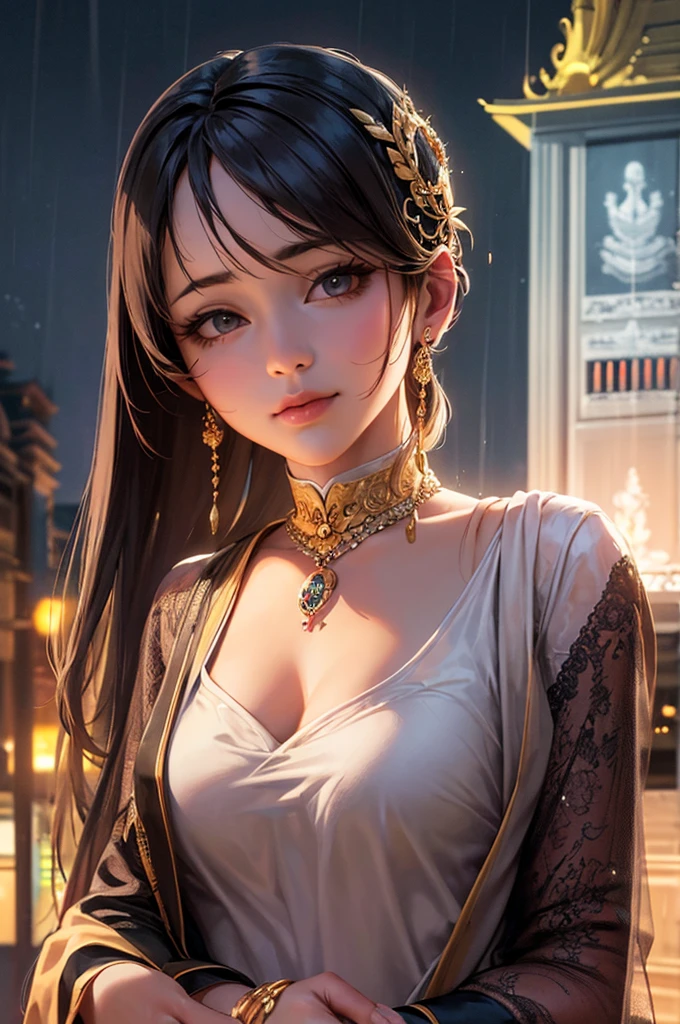 (8K, RAW Photos, Highest quality, masterpiece:1.2), (Realistic, photo-Realistic:1.37),st. Louis (Luxury Wheels) (Azur Lane),One girl,(Myanmar girl), (aegyo sal:1),hair ornaments, Portraiture, (Myanmar traditional costume:1.1), necklace, Blue Claws,cute,Cityscape, night, rain, Wet, Professional Lighting, Photon Mapping, Radio City, Physically Based Rendering, Background Shwedagon Pagoda