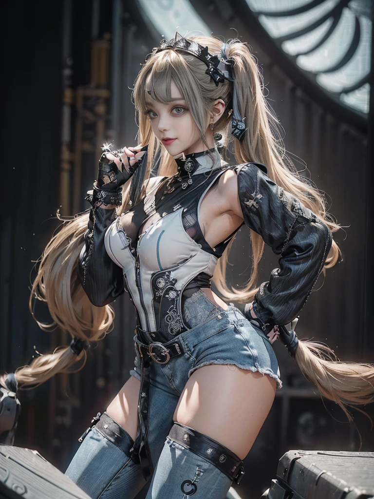 (Full Body View:1.4)、(Side view:1.2)、(Smiling with teeth showing:1.3),(Shibuya Gal:1.5)、(Gothic ta style fashion:1.5)、(Punk RockVisual Kei:1.5)、(Wearing a rhythmic gymnastics bodysuit with intricate details:1.4)、(Racing suit and pants with intricate decorations in white, denim and charcoal:1.5)、(Denim and light blue and white boots:1.3)、((belt))、(Numerous delicate logo marks all over the costume:1.4)、(collar:1.3)、(Striped underwear:1.5)、20-year-old、NSFW、((Highest quality、In 8K、masterpiece:1.3))、Sharp focus:1.2、(Layered Cut、Huge boobs:1.1),Beautiful woman with perfect figure:1.4、(Doing an aerobics pose:1.3)、Slender Abs:1.2、Highly detailed face and skin texture、Detailed eyes、double eyelid,(Twin tails:1.3)、(Brown-golden hair:1.3)、Gravure idol、(The background is the stage of the fashion show:1.3)、(Slim body:1.3),(Make your legs thinner:1.4),(clavicle:1.1)、(Thin and slim thighs:1.3)