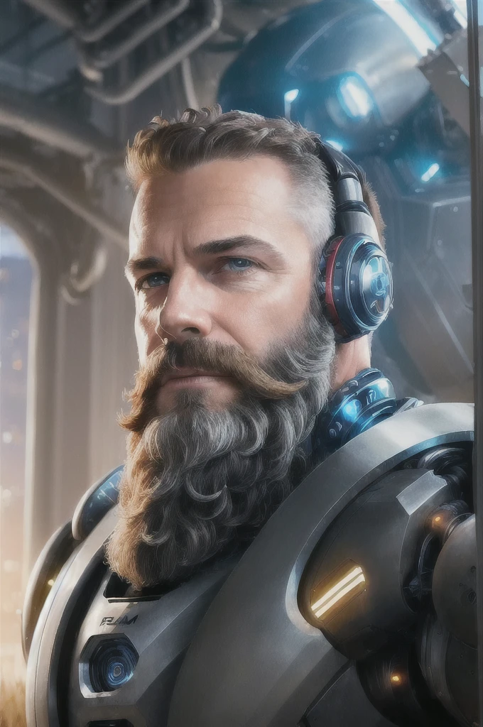 (reelmech: 1.5), CEO portrait photo of a 45 year old man with a big beard, in a luxurious office, cyborg body, in a wheat field (Artwork: 1.2) (photorealistic: 1.2) (bokeh) (best quality) (detailed skin) (complex) (8K) (hdr) (cinematic lighting) (sharp focus) (clutter: 1.2)