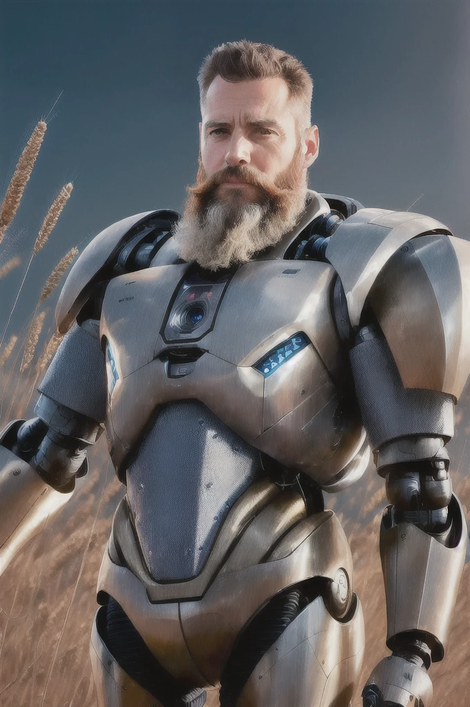 (reelmech: 1.5), CEO portrait photo of a 45 year old man with a big beard, in a luxurious office, cyborg body, in a wheat field (Artwork: 1.2) (photorealistic: 1.2) (bokeh) (best quality) (detailed skin) (complex) (8K) (hdr) (cinematic lighting) (sharp focus) (clutter: 1.2)
