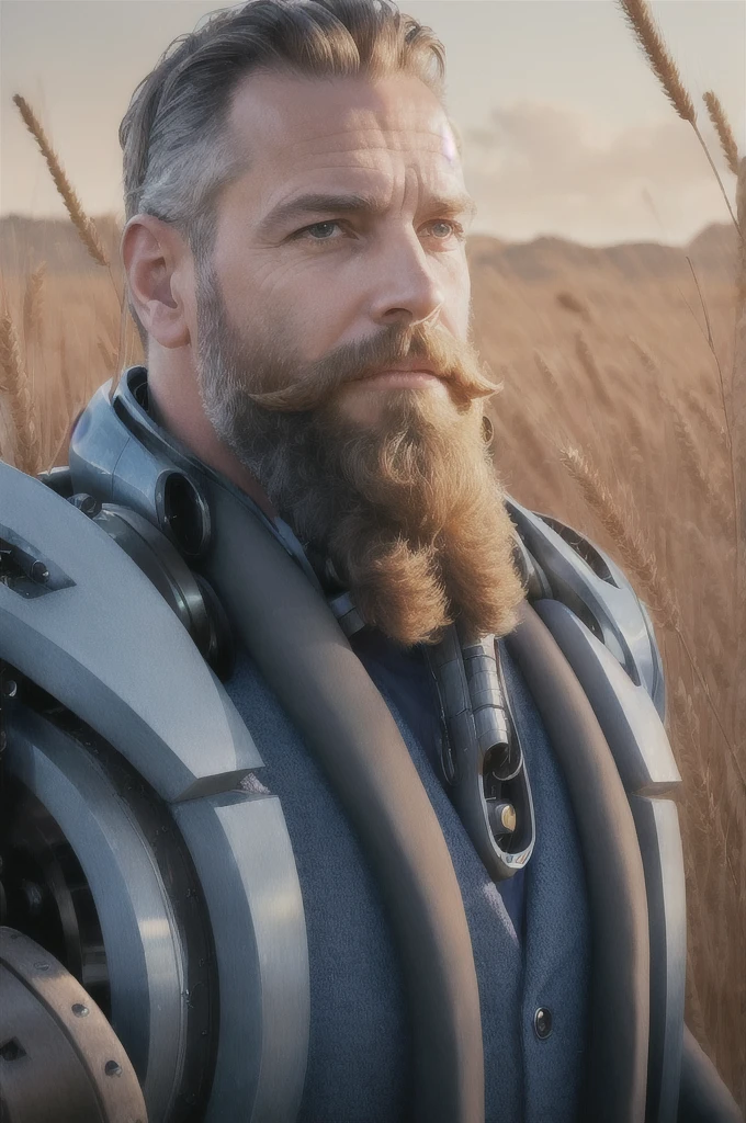 (reelmech: 1.5), CEO portrait photo of a 45 year old man with a big beard, in a luxurious office, cyborg body, in a wheat field (Artwork: 1.2) (photorealistic: 1.2) (bokeh) (best quality) (detailed skin) (complex) (8K) (hdr) (cinematic lighting) (sharp focus) (clutter: 1.2)