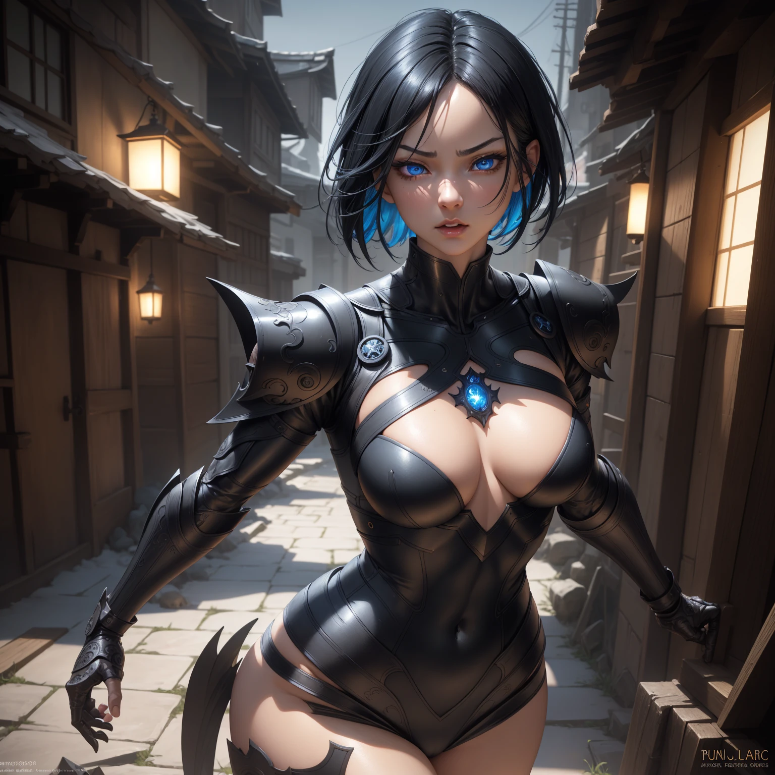 1girl!!!, short bob hair, black hair, small breasts!!, blue eyes, fair skin, anger face, sexy tight black ninja outfit, bare arms, bare legs, medieval japanese town, very sexy body, detailed face, beautiful detailed eyes, beautiful detailed lips, extremely detailed eyes and face, long eyelashes, detailed clothing, intricate details, highly detailed, photo realistic, 8k, best quality, masterpiece, cinematic lighting, dramatic lighting, vibrant colors, fantasy, digital art, concept art