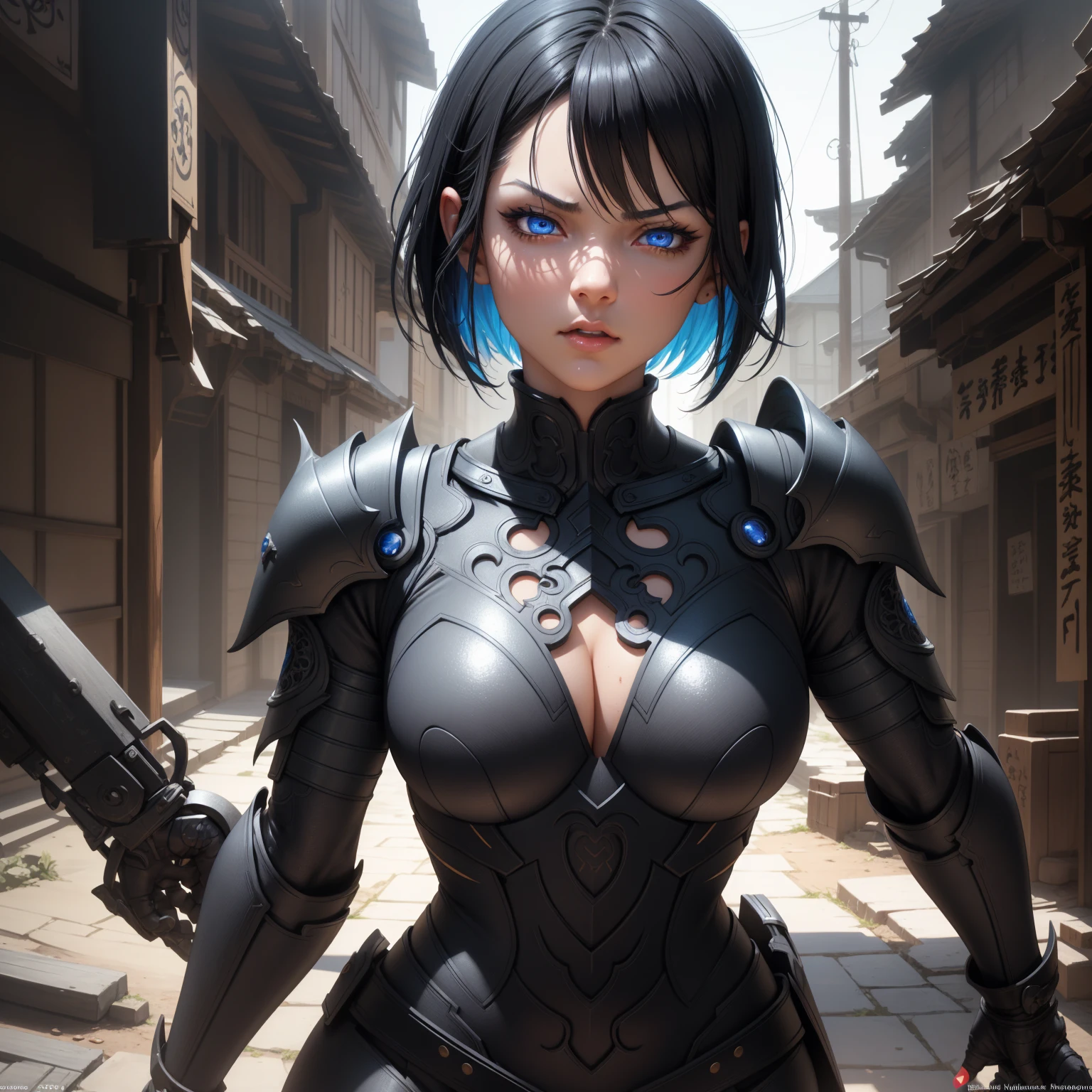 1girl!!!, short bob hair, black hair, small breasts!!, blue eyes, fair skin, anger face, sexy tight black ninja outfit, bare arms, bare legs, medieval japanese town, very sexy body, detailed face, beautiful detailed eyes, beautiful detailed lips, extremely detailed eyes and face, long eyelashes, detailed clothing, intricate details, highly detailed, photo realistic, 8k, best quality, masterpiece, cinematic lighting, dramatic lighting, vibrant colors, fantasy, digital art, concept art