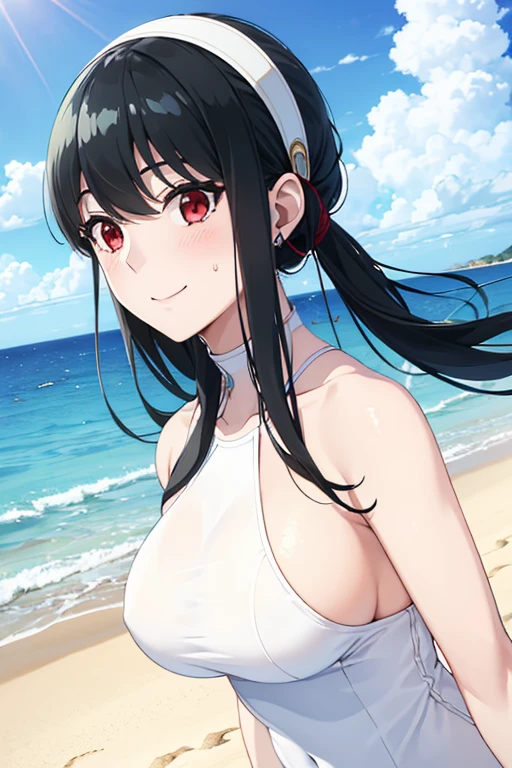 (SFW:1.8、masterpiece, Highest quality),1people々, 一people々in, Absurd、現実inは捉えられないディテールと美しさ、hyper Realistic, Realistic,Realistic, Look at the audience, 美しいbangs:2、魅力的なbangs:2、bangs:2、The underboob is visible:1.6), Mouth closed, Big breasts eye、eyelash、 whole :2, Cleavage:2、(((Eye highlightsを加える:1.4、Big breasts eye、Long Hair、She is very 美しい and cute、Show me your ears、Beautiful long neck:1.8、smile、Close your mouth and smile:1.5、bangsと美しい歯)))、Ideal body type、((A background of blue sky with very beautiful clouds:2、Beach))、Beautiful long neck:1.6、Perfect Anatomy、people々々Beautiful pads that make you feel happy:2、自然in快適な照明、Keep an eye on your audience、Look up at the viewer slightly above、Look up a little、Listen carefully、smile、whole body、((Black Hair、White hair band、Red eyes))、Eye highlights、Sweat、Beach、Sandy Beach、smile((White leotard))