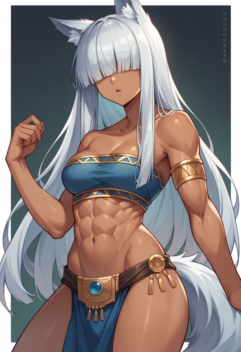 masterpiece, best quality, perfect anatomy, solo, 1girl, blue-gray hair, long hair, long bangs, long
sidelocks, straight hair, tan skin, hair over eyes, blunt bangs, wolf ears, wolf tail, wolf girl, medium breasts, toned, bandeau, loincloth, chestnut mouth, absurdres,