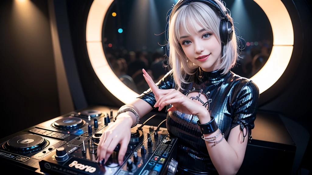 (ultra - detailed, 16K resolution, Cinema lenses, rendering by octane), (high resolution:1.18), intricate detail, (masterpiece:1.1), (highest quality:1.1), (1girl, portrait, white hair, blue eyes, short hair, detailed eyes),Wearing silver DJ headphones, Shiny silver sequined T-shirt, (Iconic hip-hop pop costumes:1.3), Smile while DJing on stage, full body shot of, The spotlight shines on the female DJ. Photorealistic photography by Disco Lighting, (cute round face:1.3), perfect fingers, five fingers, beautiful hands, perfect hands. master peace, cute smile.