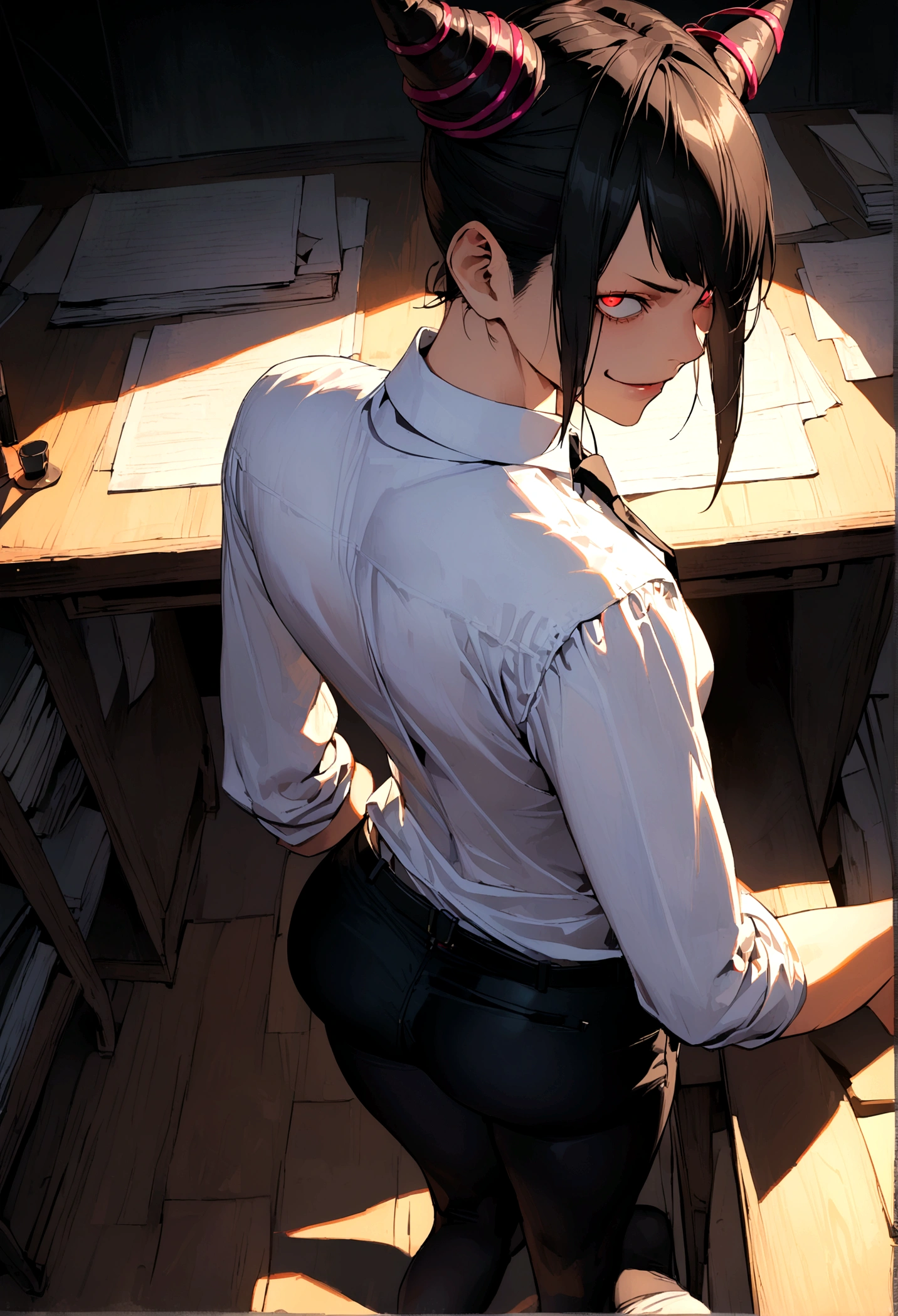 Juri Han, artwork, tight white secretary shirt with black tie,sock, Bblack hair, blackstockings,evil smile,DESK,bangs on the eyes,lighting,horn of hair,from above view,looking back,but in your pocket,legging pants