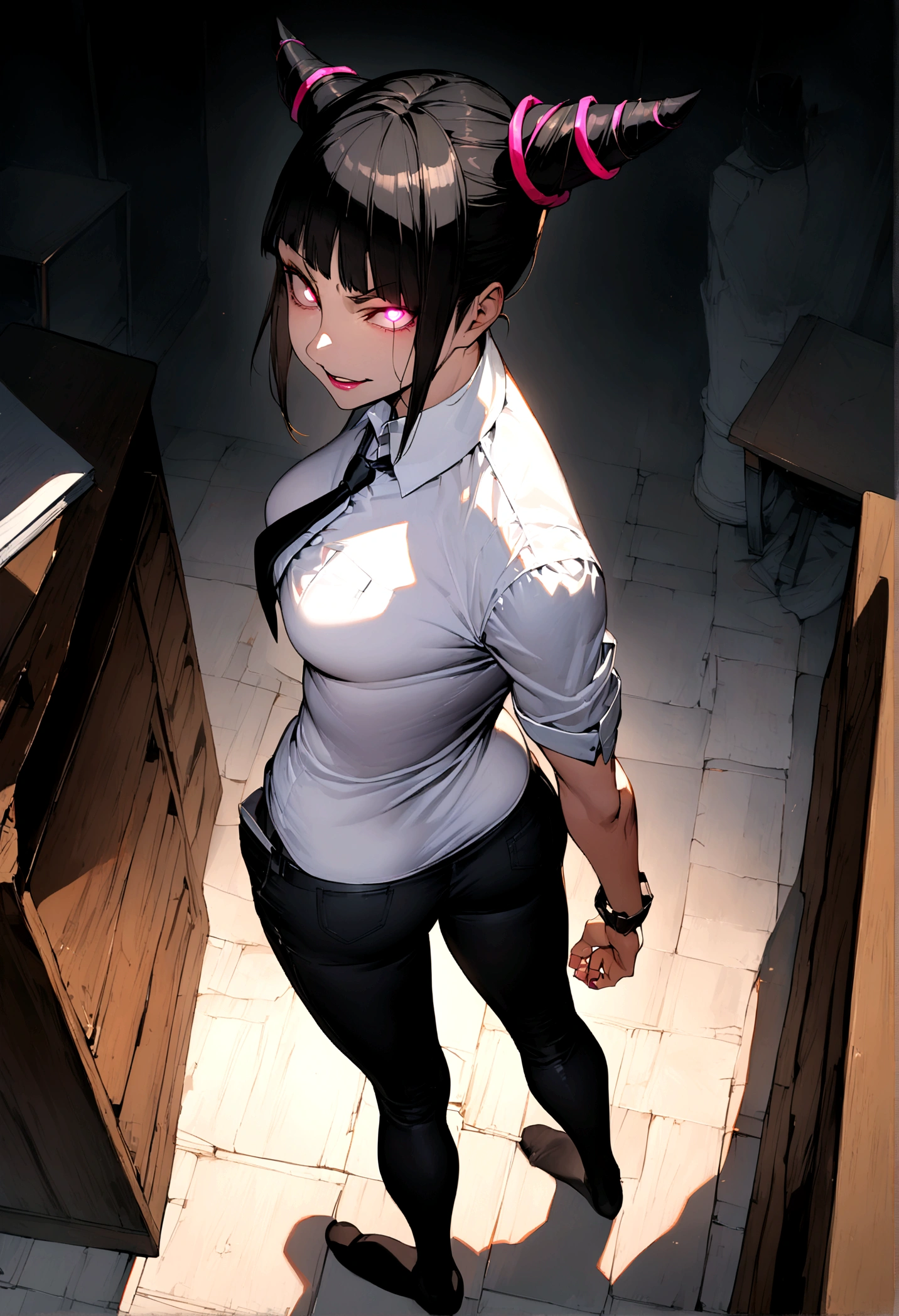 Juri Han, artwork, tight white secretary shirt with black tie,sock, Bblack hair, blackstockings,evil smile,DESK,bangs on the eyes,lighting,horn of hair,from above view,looking back,but in your pocket,legging pants