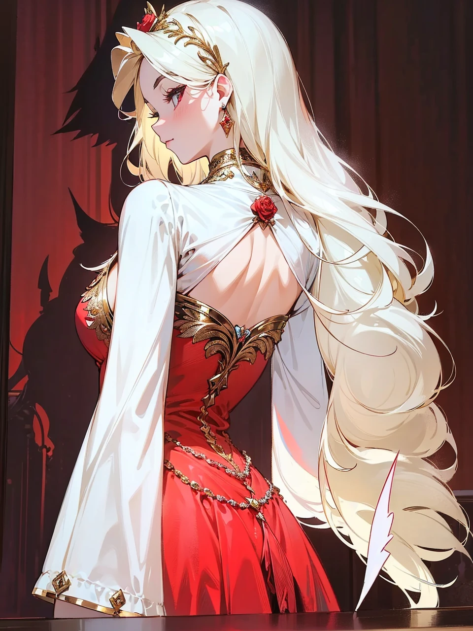 Add in roses to her dress, a good back dress design with some golden jewelry, make her dress into a red and white gown with a hat, give her some unique Jewelry, and make her look somewhat of a demonic angel like appearance to her