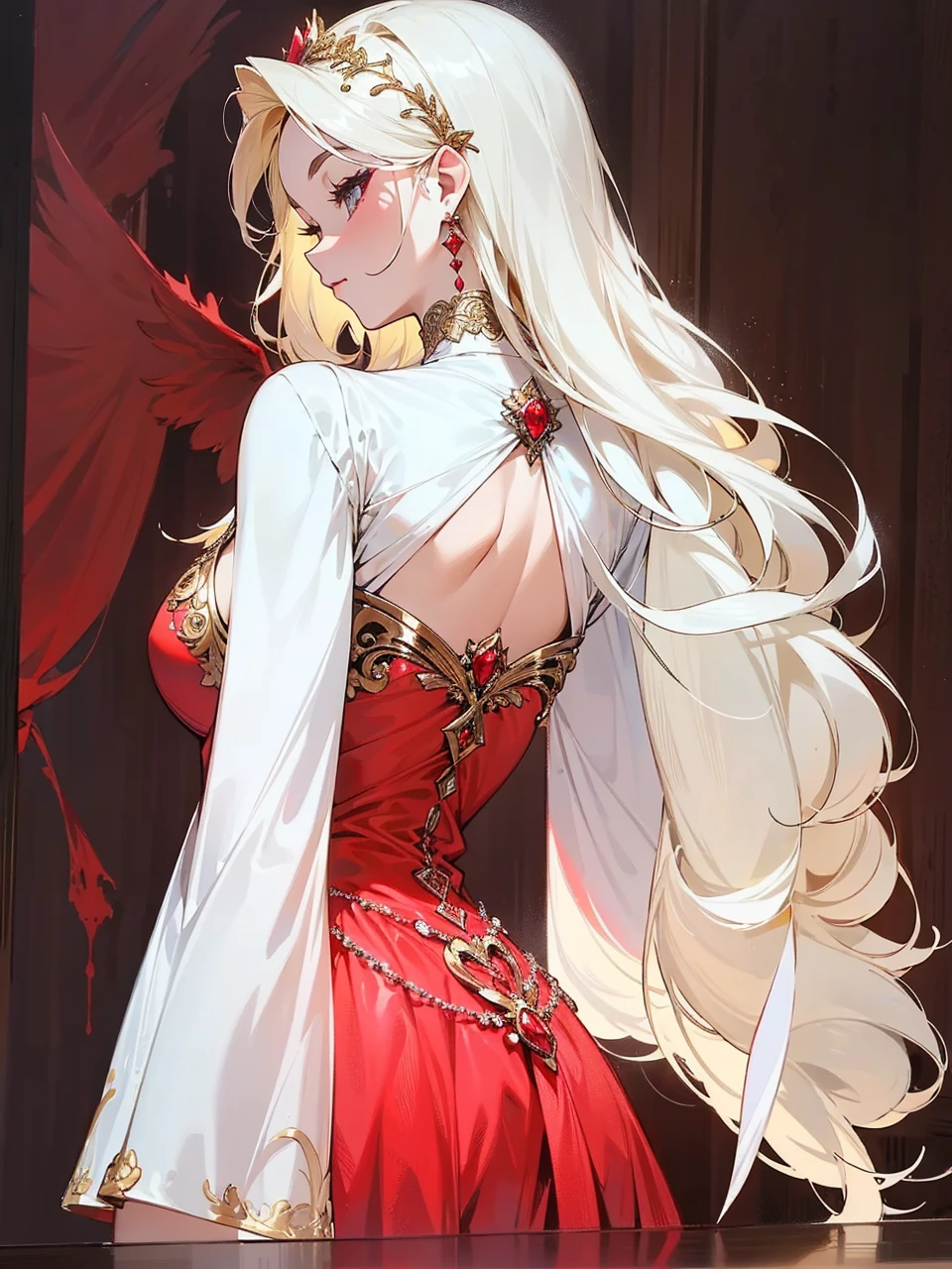 Add in roses to her dress, a good back dress design with some golden jewelry, make her dress into a red and white gown with a hat, give her some unique Jewelry, and make her look somewhat of a demonic angel like appearance to her