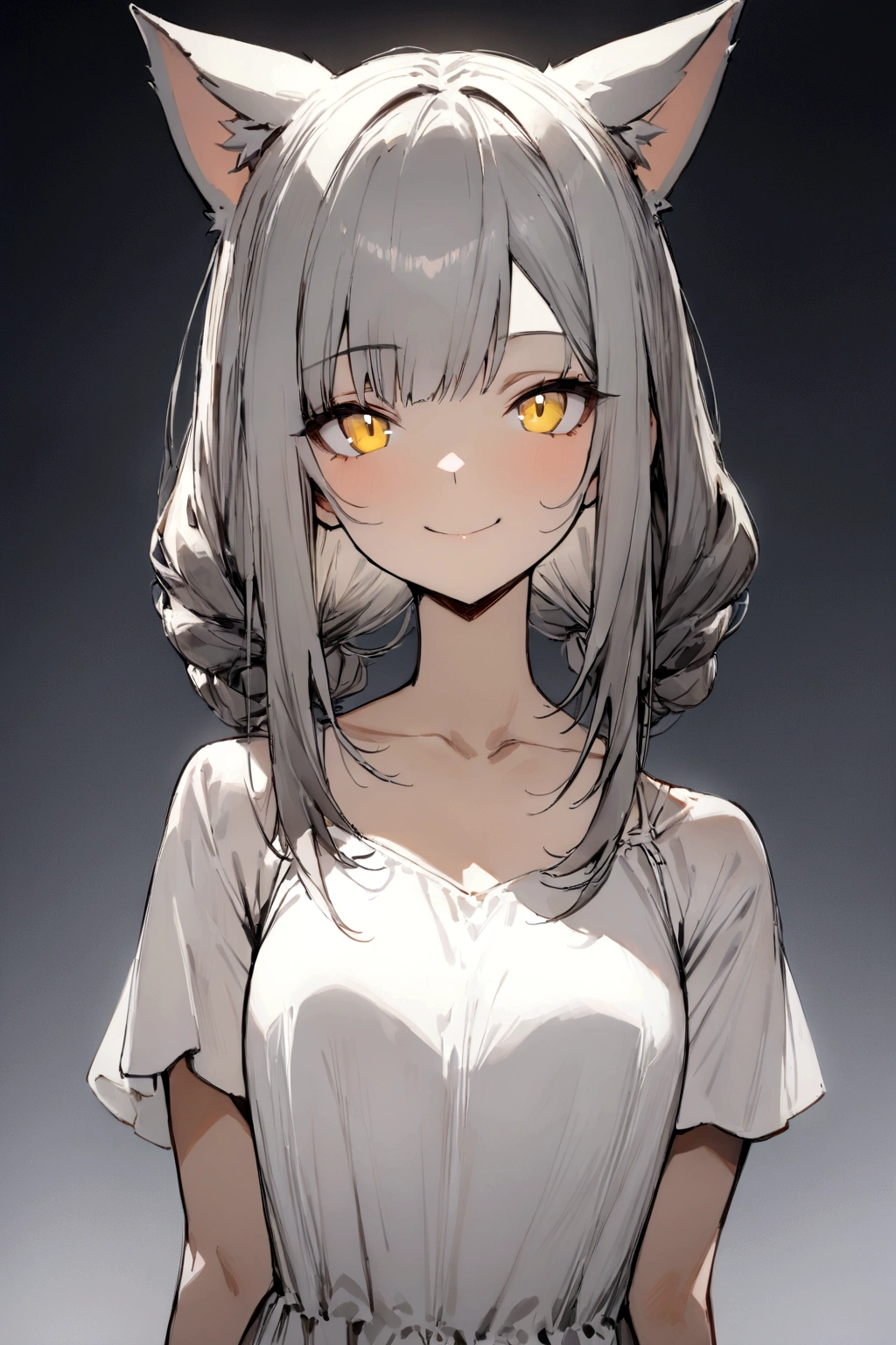 ((masterpiece)), ((best quality)), (from front, facing front:1.32), (close-up:1.2), (half-body shot:1.36), (side bangs hairstyle), perfect anatomy, 1girl, solo, adult cat girl, long gray straight hair, yellow round eyes, gray cat ears, short-sleeved loose white dress, smiling, looking at viewers