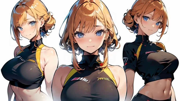 ((1 girl)), Latest trends in clothing, cheerful grin, animated expressions, Sportswear, shorts,blackstockings, racing, Garden ,((very detailled,highest quallity, high resolution, 8 k wallpaper, pretty clothing,)),(hair orange, Hair to the shoulders, juvenile,bouncy hair, ((asymmetrical bangs)) ,(shining blue eyes),ombre, eyeliner,glowing eye, very detailledな目, complex eyes, gorgeous eyes, 輝くBright blue eyes 17 year old