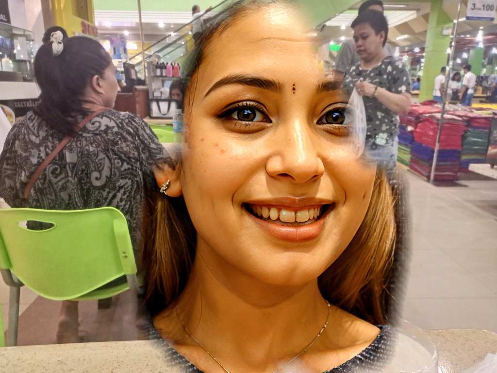 there is a woman sitting at a table with two cups of milk, not blurry, non blurry, in a mall, at a mall, candid photo, profile picture, very slightly smiling, at the counter, slightly smiling, candid picture, candid photograph, nivanh chanthara, pleasant face, with a happy expression, looking happy, avatar image, picture. Add some cat ears