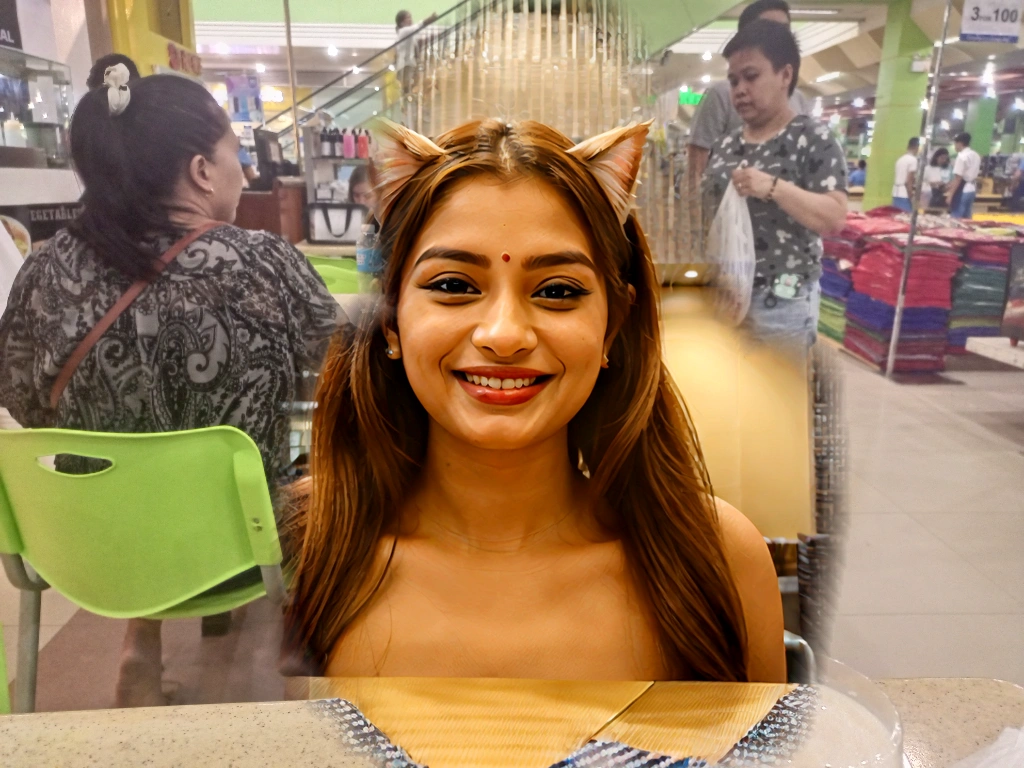 there is a woman sitting at a table with two cups of milk, not blurry, non blurry, in a mall, at a mall, candid photo, profile picture, very slightly smiling, at the counter, slightly smiling, candid picture, candid photograph, nivanh chanthara, pleasant face, with a happy expression, looking happy, avatar image, picture. Add some cat ears