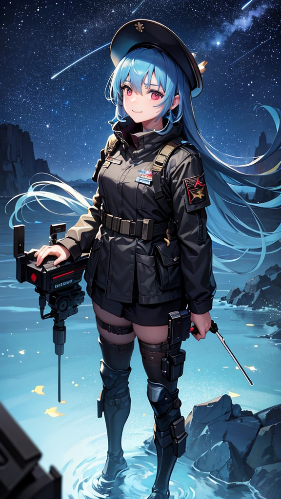 a girl in army-colored military uniform, looking up at the night sky, wearing a hat that matches her outfit, with blue hair and red eyes, smiling, full body, fish-eye lens, many shooting stars, with floating light particles, elemental ambience, low angle, best quality, 4k, 8k, highres, masterpiece:1.2, ultra-detailed, realistic, photorealistic, photo-realistic:1.37, HDR, UHD, studio lighting, ultra-fine painting, sharp focus, physically-based rendering, extreme detail description, professional, vivid colors, bokeh, portrait, concept art