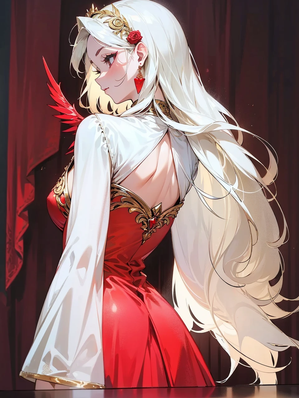 Add in roses to her dress, a good back dress design with some golden jewelry, make her dress into a red and white gown with a hat, give her some unique Jewelry, and make her look somewhat of a demonic angel like appearance to her