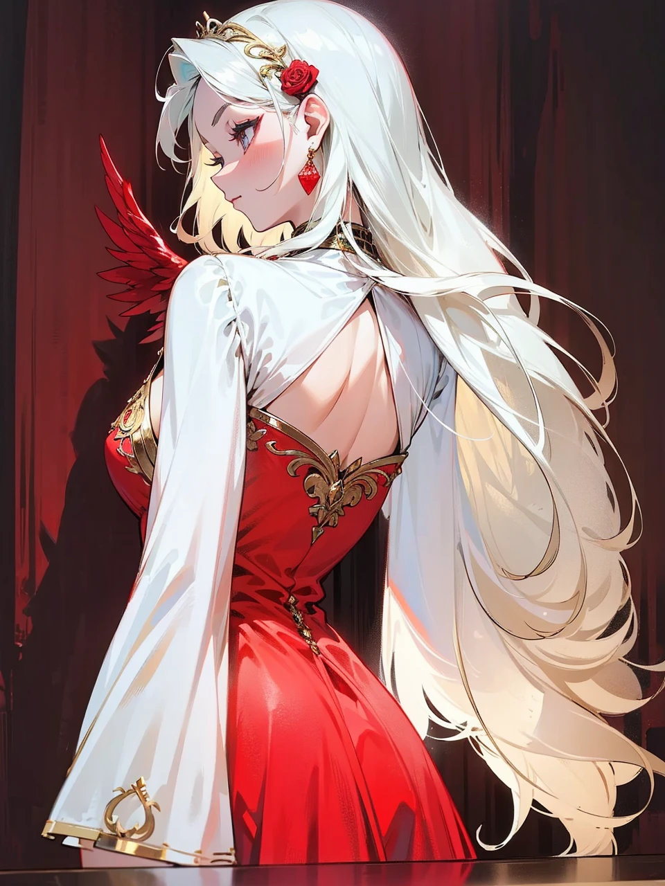 Add in roses to her dress, a good back dress design with some golden jewelry, make her dress into a red and white gown with a hat, give her some unique Jewelry, and make her look somewhat of a demonic angel like appearance to her