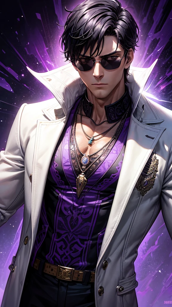 A tall, white muscular man with short, black hair and purple shade sunglasses stands confidently. He is wearing a stylish, dark jacket with intricate purple patterns over a light blue shirt. He has a serious expression and a necklace with a pendant, high detailed, 8K, masterpiece.