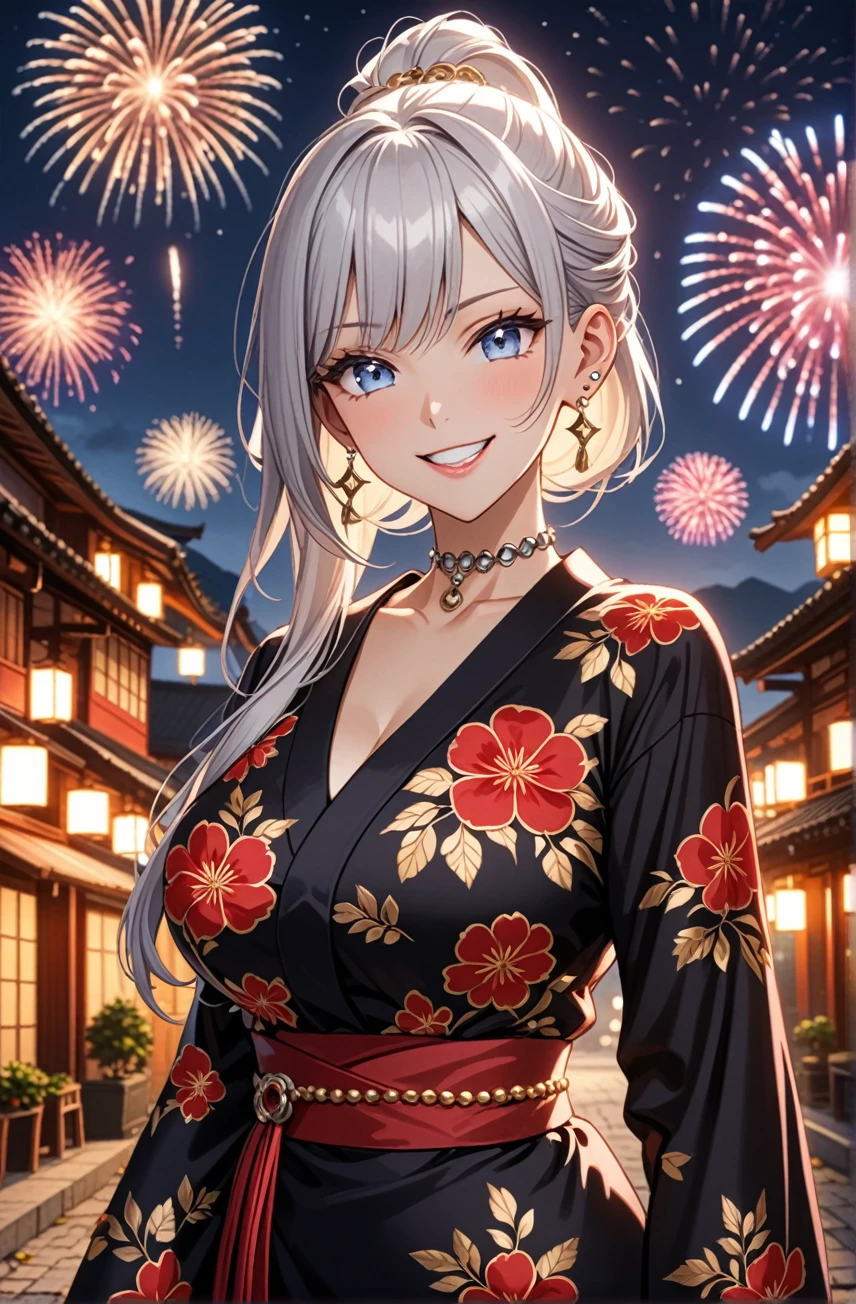 ((One personの女性)), Beautiful Face, (Laughing embarrassedly), (smirk:1.4), ((Wink:1.3)), (head tilt:1.3), Laugh with your mouth wide open, upper teeth, looking at viewer, ((full-face brash:1.5)), Glossy Red Lips, ((Big Breasts:1.3)), night,Rural landscape, firework, Glossy Red Lips, (Shining Face), ((Anime style background)),masterpiece, Highest quality, so beautiful,up to date, Complex details, (Pink long nails), (nail art), (ring),(bracelet),(Floral choker), (helix piercing:1.7), AI-generated, Complex,High resolution, Highest quality, super high quality,3D Images、3D Images,One person,Long white hair,High Ponytail, Anime woman posing for a photo, ((silver eyes:1.5)), ((Fine grain、blue eyes、Shining Eyes:1.4)), (Squint your eyes:1.1),a hyperRealistic , hyperRealistic , Realistic,Anime woman with long white hair, Smooth anime CG art, (A woman in a colorful kimono with gold embroidery), ((Black long sleeve kimono:1.3)), Red floral pattern,Long flower hair ornament,Earrings,Mature Body,Tall,Abdominal muscles,Tight waist, ((Zoom in on face:1.5)), (front view:1.3),