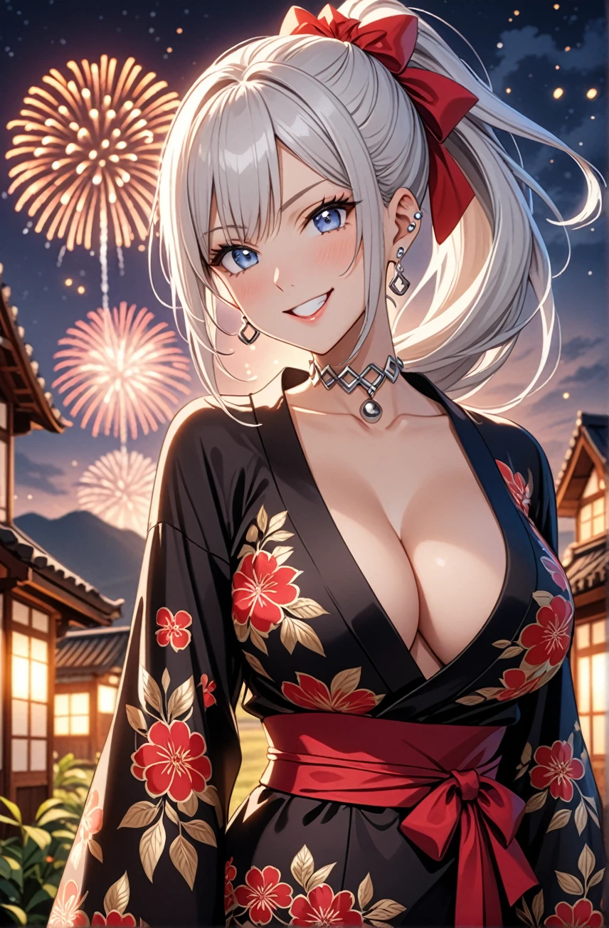 ((One personの女性)), Beautiful Face, (Laughing embarrassedly), (smirk:1.4), ((Wink:1.3)), (head tilt:1.3), Laugh with your mouth wide open, upper teeth, looking at viewer, ((full-face brash:1.5)), Glossy Red Lips, ((Big Breasts:1.3)), night,Rural landscape, firework, Glossy Red Lips, (Shining Face), ((Anime style background)),masterpiece, Highest quality, so beautiful,up to date, Complex details, (Pink long nails), (nail art), (ring),(bracelet),(Floral choker), (helix piercing:1.7), AI-generated, Complex,High resolution, Highest quality, super high quality,3D Images、3D Images,One person,Long white hair,High Ponytail, Anime woman posing for a photo, ((silver eyes:1.5)), ((Fine grain、blue eyes、Shining Eyes:1.4)), (Squint your eyes:1.1),a hyperRealistic , hyperRealistic , Realistic,Anime woman with long white hair, Smooth anime CG art, (A woman in a colorful kimono with gold embroidery), ((Black long sleeve kimono:1.3)), Red floral pattern,Long flower hair ornament,Earrings,Mature Body,Tall,Abdominal muscles,Tight waist, ((Zoom in on face:1.5)), (front view:1.3),