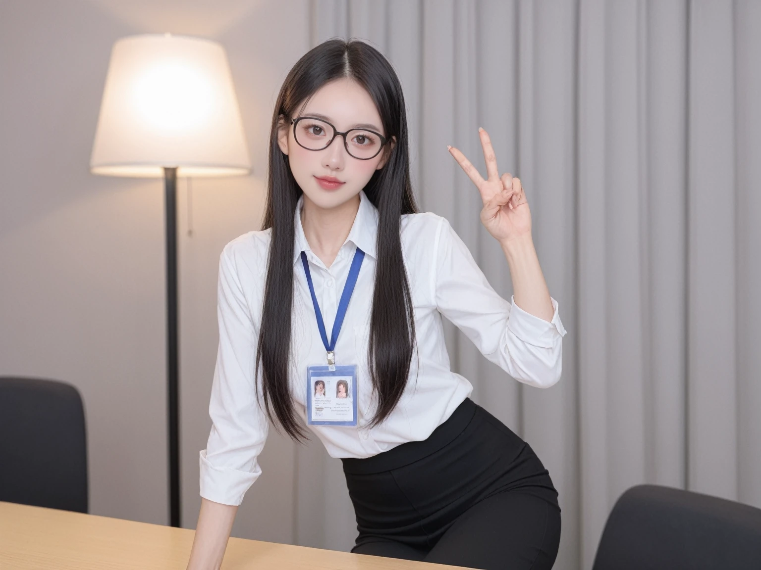 realistic,score_9, score_8_up, score_7_up,
side_light,very aesthetic,rating_explicit,beautiful face,1girl,20yo,slim chinese actress,Give a V victory sign,blush,black-framed_eyewear,very long hair,sitting on the operating table,damimi,blurry_background,surgical lamp,bra,pantyhose,miniskirt,office lady,id card,lanyard,black bra,black necktie,