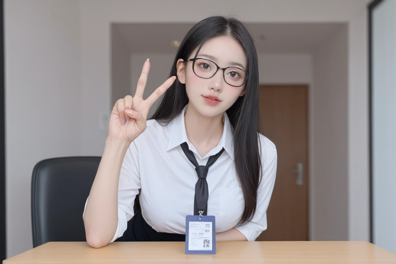 realistic,score_9, score_8_up, score_7_up, 
side_light,very aesthetic,rating_explicit,beautiful face,1girl,20yo,slim chinese actress,Give a V victory sign,blush,black-framed_eyewear,very long hair,sitting on the operating table,damimi,blurry_background,surgical lamp,bra,pantyhose,miniskirt,office lady,id card,lanyard,black bra,black necktie,