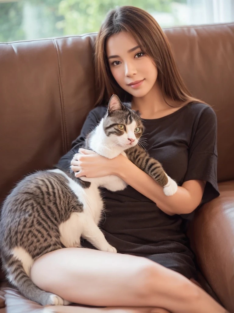 A beautiful woman is sitting on the sofa and petting a cat