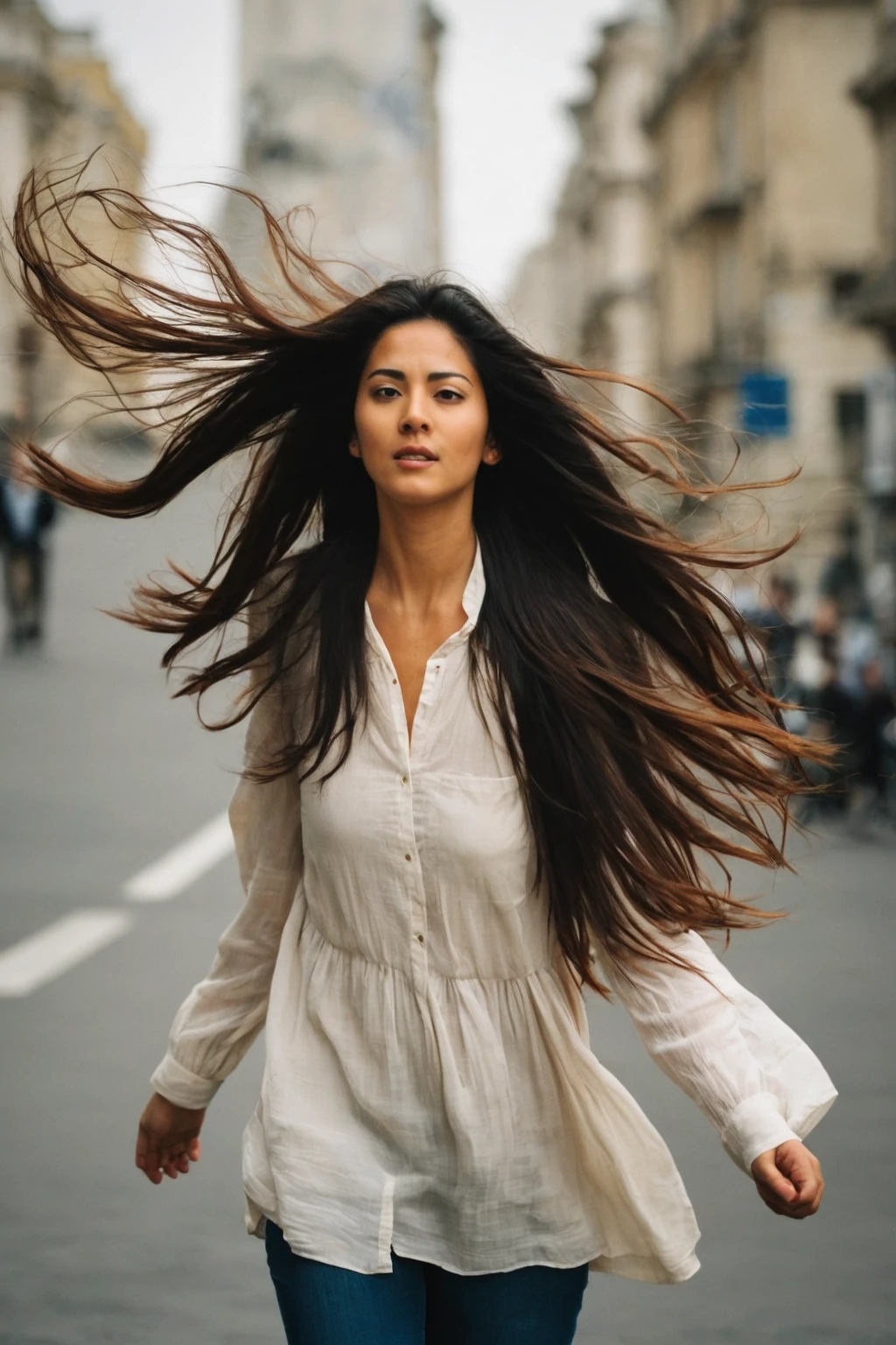 arafed woman with long hair standing on a city street, windy hair, windblown dark hair, wind in hair, windy floating hair!!, her hair blowing in the wind, hair blowing the wind, wind blown hair, hair floating in the wind, hair blowing in the wind, hair fluttering in the wind, wind blowing hair, long hair windy