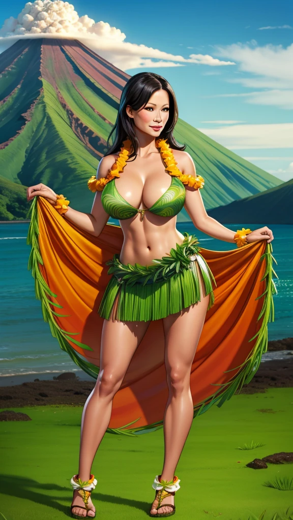 a beautiful woman, Lucy Liu, wearing a grass skirt and flower lei, standing in front of a tropical volcano landscape, detailed facial features, beautiful eyes and lips, long eyelashes, photorealistic, vibrant colors, cinematic lighting, masterpiece, 8k, ultra-detailed, topless, naked, pubic hair