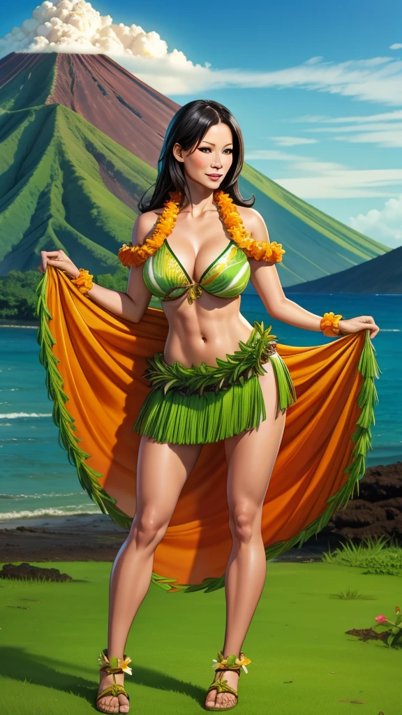 Lucy Liu wearing a grass skirt and lei lei, Hawaii, volcano
