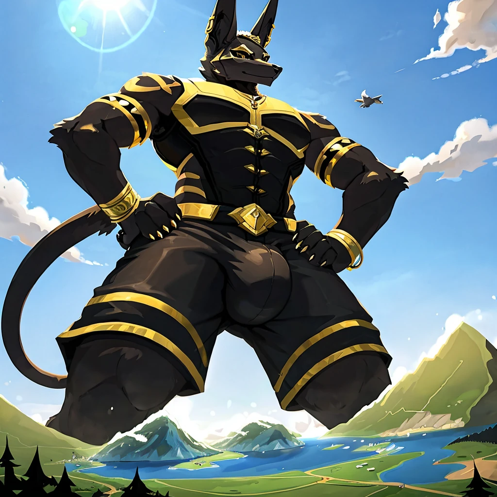 birds-eye view, macro furry,anthro,
Jackal, jackla ears,jackal tail, dark black fur, gold markings, black mohawk, black sclera, gold pupil, standing over a tiny continent on earth, looking down at ground, hands on hips,
wearing black techwear shorts with giant bulge, gold jewelry, gold anklets,
sunny day, giant attacking tiny continent, giga-sized character, size difference, macro, macro furry, 