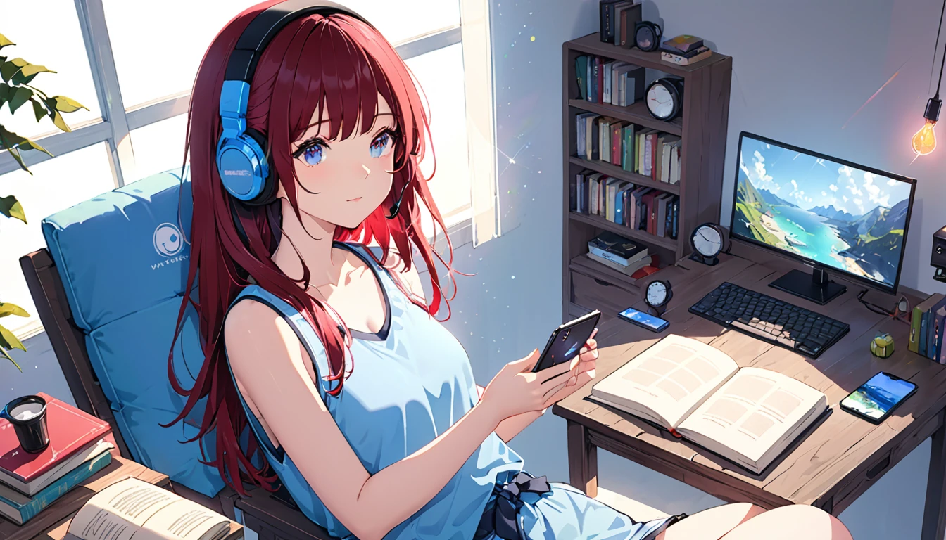 (Absurd:1.1, High resolution:1.1, 超detailed:1.1), 非常にdetailedな, 超detailed hair, (Fine grain:1.4), (Shining Eyes:1.3), thin, cute, Perfectly symmetrical face, narr○w waist, 超cute girl, 超cute face, 超cute, Super beautiful, Beautiful colors, merry (Yanmar gauge),From wlop,((Great quality)), (Beautiful arms),Shorts, Sitting, smartphone, Upper body rest (Beautiful colors,detailed,Highest quality,Great quality,so beautiful), Book, Headphones, smartphone, computer, Tank top, Jersey, Chair, Lighting and Shadows(perspective), Lighting particles, colorful, masterpiece, Stylish room,