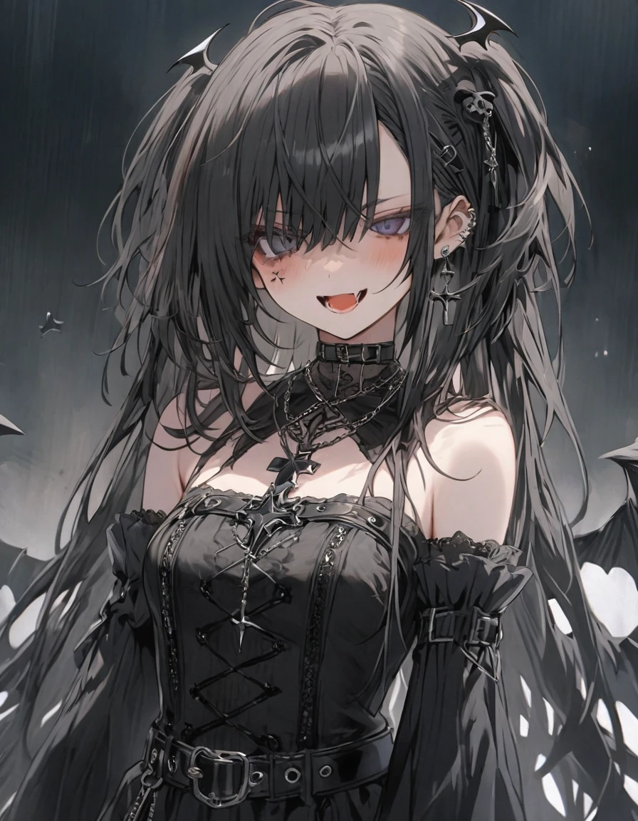 Black Girl Holding a black jewel。despair anger pain pleasure Resignation The expression of oppression Belt on torso Black Costume Gothic Girl