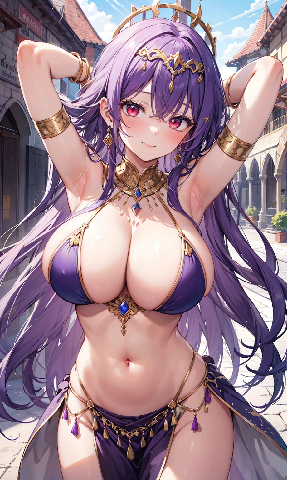 high quality, ultra detailed, best quality, insanely detailed, beautiful, masterpiece, 1girl, medieval plaza, cowboy shot, red eyes, long hair, purple hair, belly dancer, circlet, earrings, armlets, bracelets, bashful smile, large breasts, cleavage, soft stomach