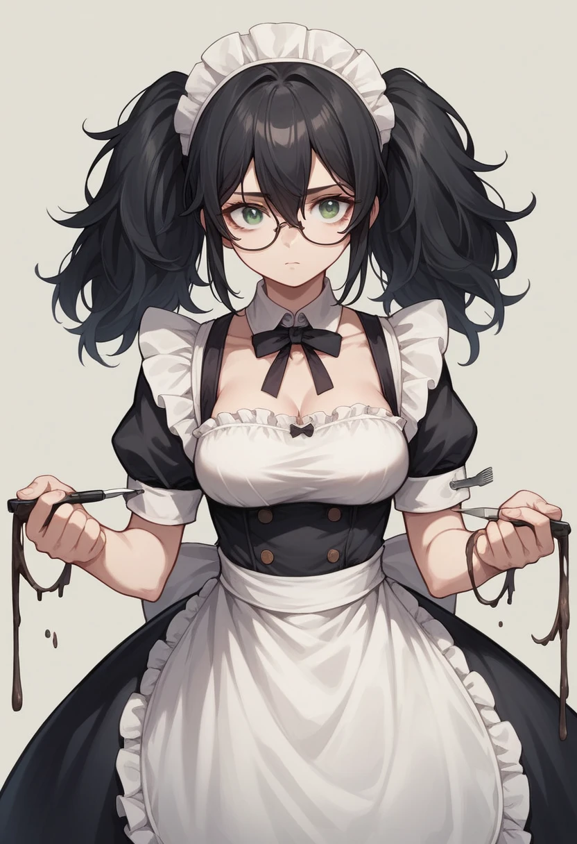 best quality, masterpiece, super high resolution, perfect anatomy, 1girl, black hair, medium twintails, medium hair, messy, hair,  big hair, sidelocks, hair between eyes, huge twintails, green eyes, glasses, medium breasts, pale skin, :3, 23 years old, maid, incredibly absurdres,
